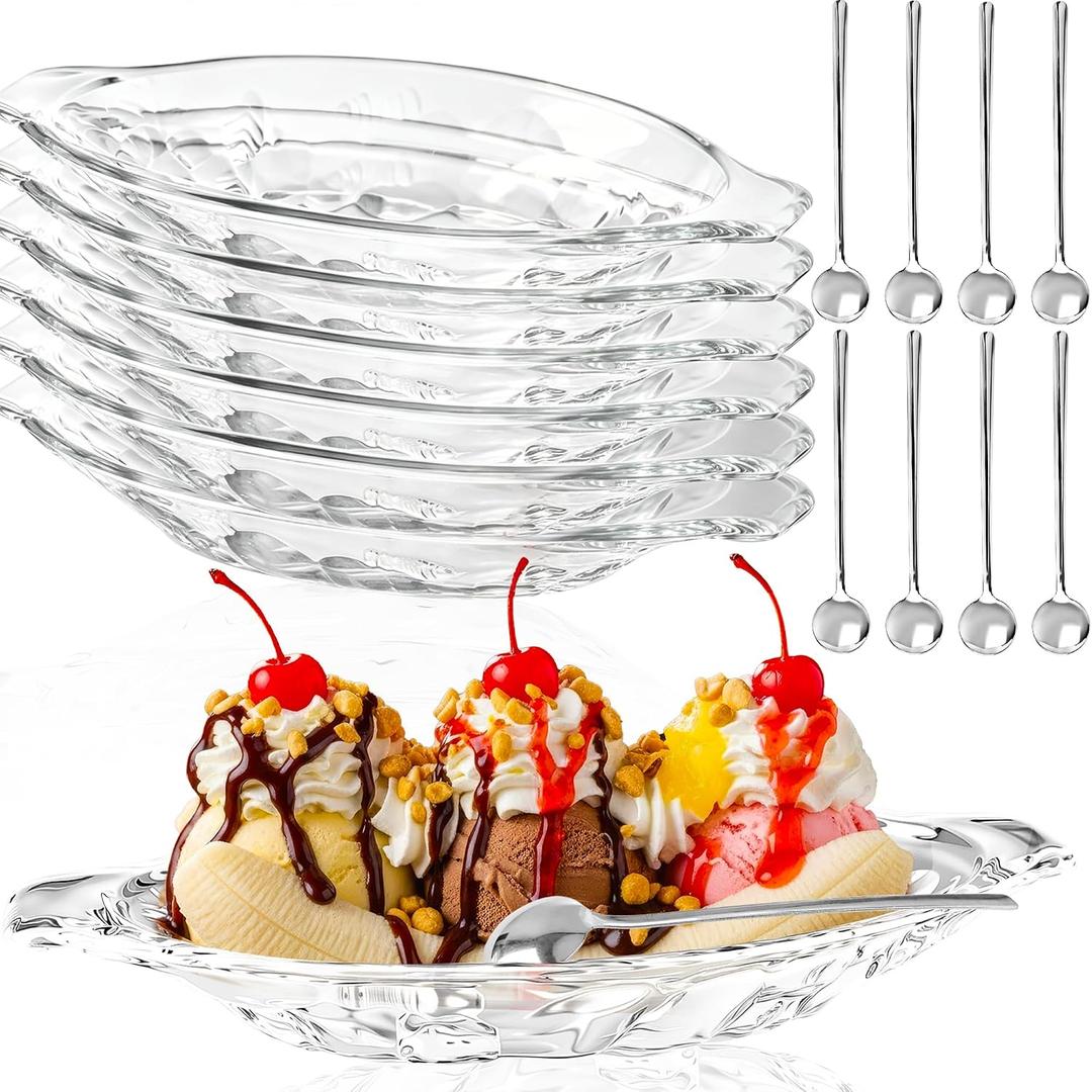 8 Set Acrylic Banana Split Dish Clear Banana Boats Serving Bowls with Steel Spoon for Ice Cream Sundae Fruits Yogurt Snack Brownies Glass Salad Plates, 8oz, one size fits all