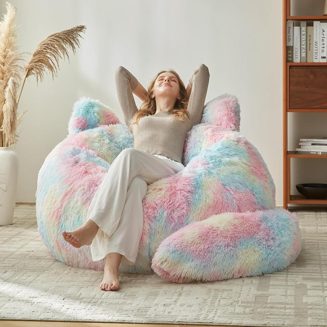 Bean Bag Chair for Adults Teen,Giant Bean Bag Chairs Cat Design,Plush Faux Fur Beanbag Couch Comfy Accent Floor Sofa for Reading, Playing, Relaxing in Living Room, Bedroom (Rainbow)