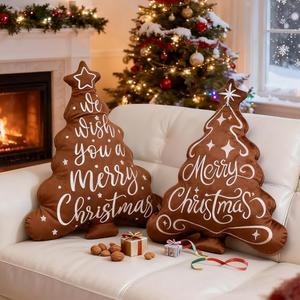 Lanpn Christmas Tree Pillows Set of 2, Merry Christmas Decoration Winter Throw Pillows Soft Cute 3D Shaped Xmas Tree Throw Cushion for Sofa Living Room Bedroom Xmas Decor (16x21 inch, Brown)