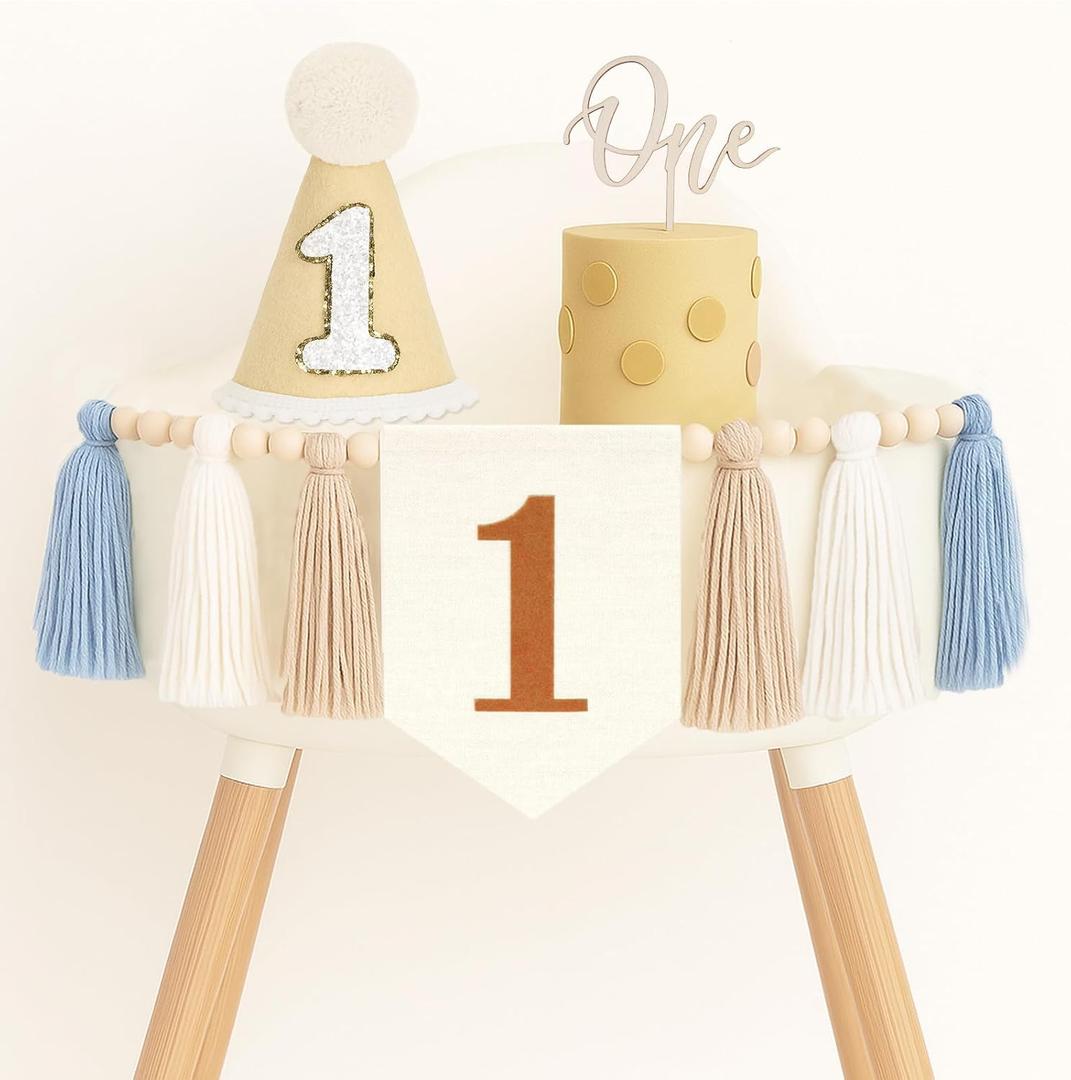 GCQQ 1st Birthday Highchair Banner Decorations Baby Boy First Birthday Outfit One Year Old Birthdays Dcoration with Khaki Cone Hat Wood Bead Tassel Garland Cake Topper For Baby Shower Party Decor
