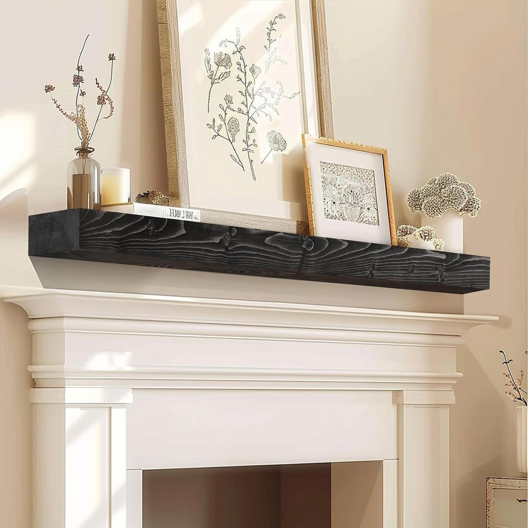 48" Fireplace Mantel, 3'' Thick Handmade Rustic Solid Wood - Wall Long Floating Shelf with Invisible Metal Bracket, Black, 48x3x7-solid