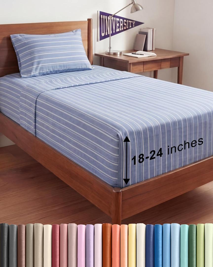 Extra Deep Twin XL Sheet Set - 3 Piece Breathable & Cooling Bed Sheets - Easily Fits 18 to 24 inch Mattress - Soft, Wrinkle & Fade Free w/ Extra Deep Pockets - Hotel Luxury Bedding - Blue Stripes 3