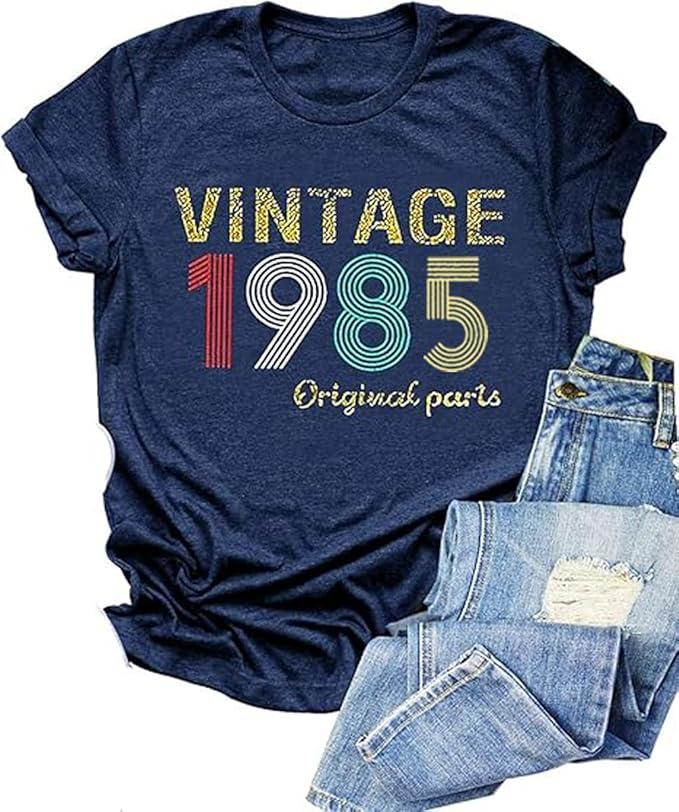 Vintage 1985 Shirt for Women 40th Birthday Gifts Letter Print Original Parts Tops Casual Short Sleeve Party Tee S