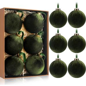 HyDren 6 Pcs Velvet Christmas Ball Ornaments 4 Inches Large Flocked Christmas Tree Hanging Ornaments Shatterproof Xmas Bulbs for Home Xmas Tree Party Decor(Dark Green)