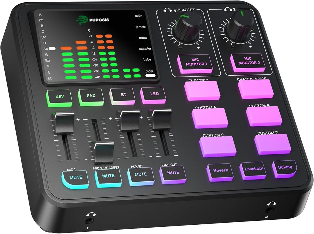 PUPGSIS Gaming Audio Mixer, Audio Interface for PC/Podcast/Streaming, Sound Board with 3.5mm/XLR Mic Input, 48V Phantom Power, Voice Changer, Live Sound Card with DJ Mixer Effects/Bluetooth/4 Channel (Black)