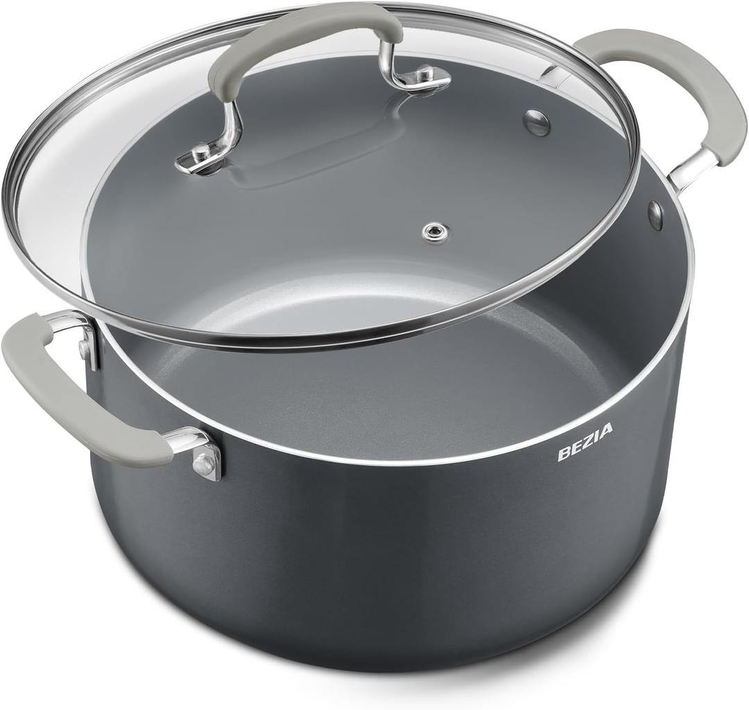 8 Quart Nonstick Stock Pot with Lid - BEZIA Ceramic Large Soup Pot for Family Cooking, Induction Ready, Stay-Cool Silicone Handles, Easy Cleanup, Perfect for Stews, Pasta & Batch Cooking