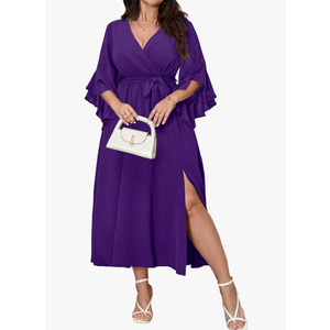 Womens Plus Size Dress Wedding Guest Cocktail Ruffle Half Sleeve Wrap V Neck Slit A Line Maxi Dresses with Belt Size L