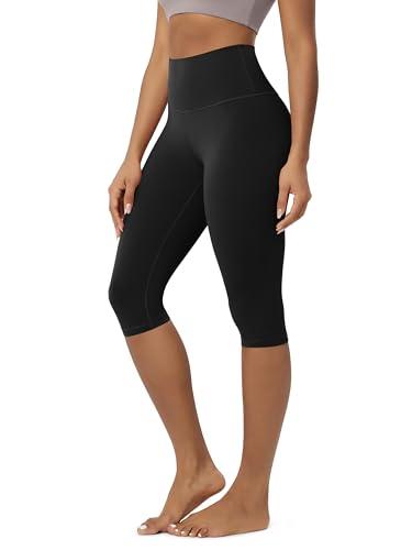 ODODOS Buttery Soft Lounge Yoga Capris for Women 14" High Waist Knee Length Leggings, Black, X-Large