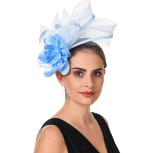 SAFERIN Fascinators Hat Flower Mesh Ribbons Feathers on a Headband and a Clip Tea Party Headwear for Girls and Women (Blue)