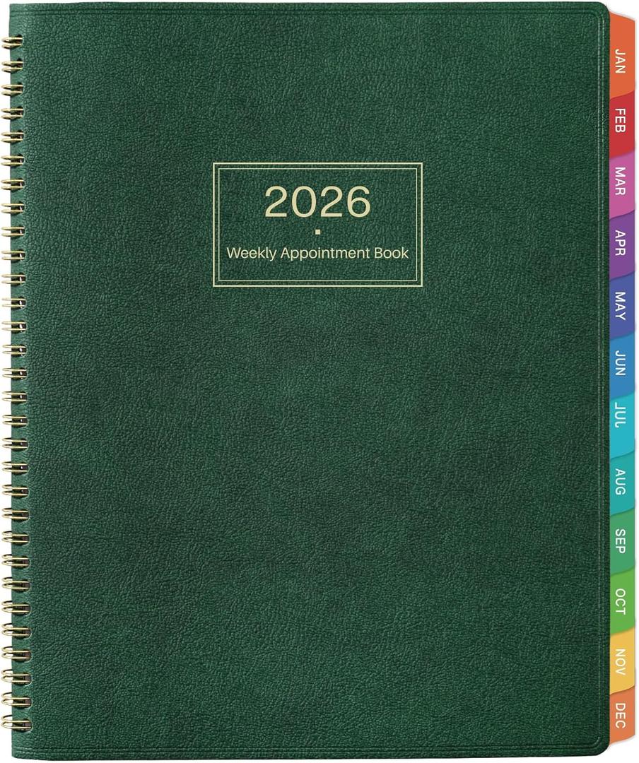 2026 Appointment Book - Daily Hourly Planner 2026, Jan 2026 - Dec 2026, 9"x 11", 2026 Planner Weekly and Monthly, Appointment Book/Planner 2026, 15-Minute Interval, Flexible Cover - Dark green