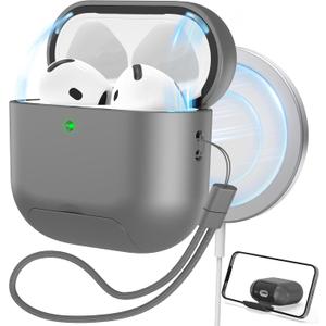 RFUNGUANGO for AirPods 4 Protective Case, Compatible with AirPods 4th Generation (2024), Drop-Proof Protective Case with Phone Holder Function, Magnetic Cover Lock, Grey