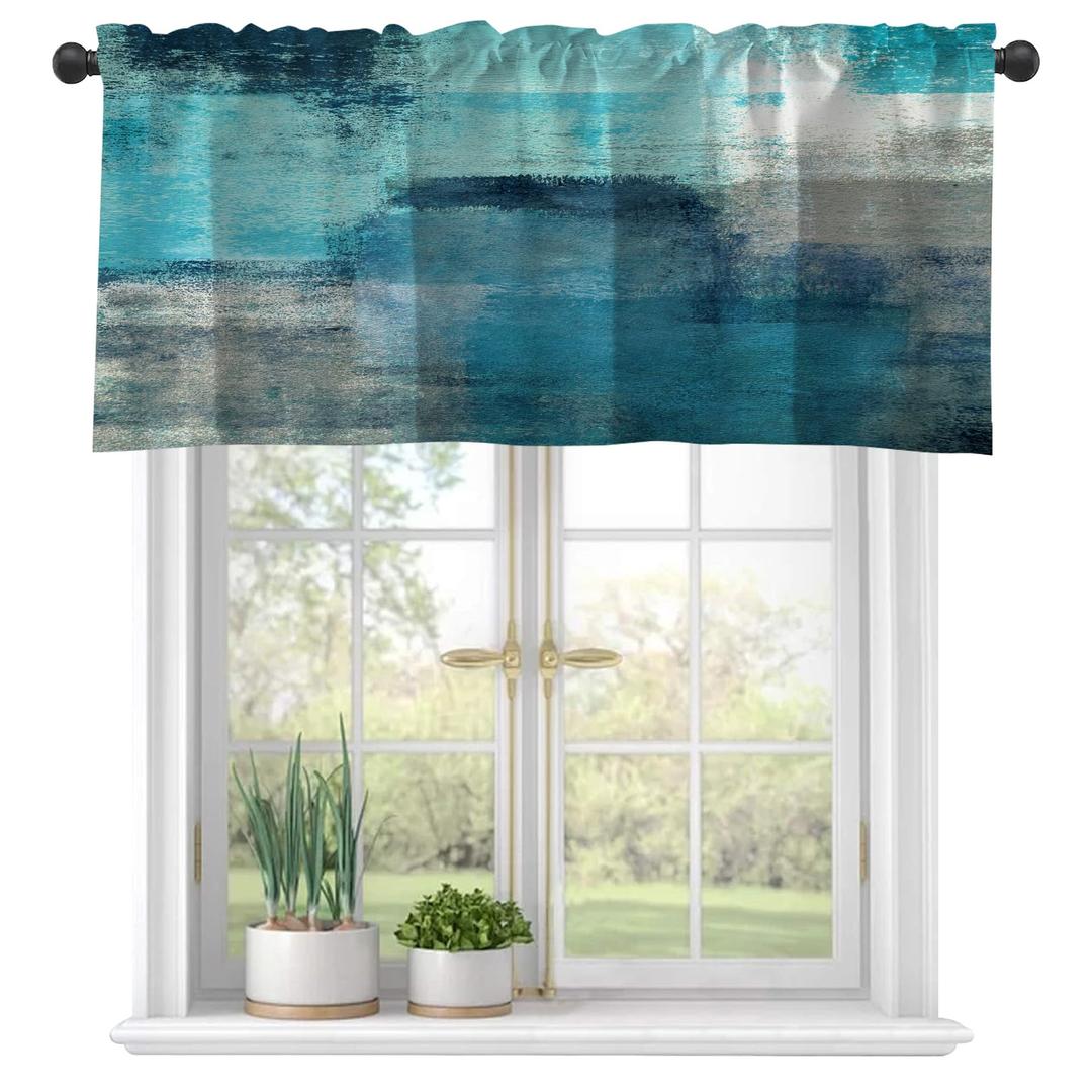 Turquoise and Grey Abstract Art Semi Sheer Window Valances - Rod Pocket, Short, Light Filtering Decor for Kitchen, Living Room, Bedroom - 42"x18"