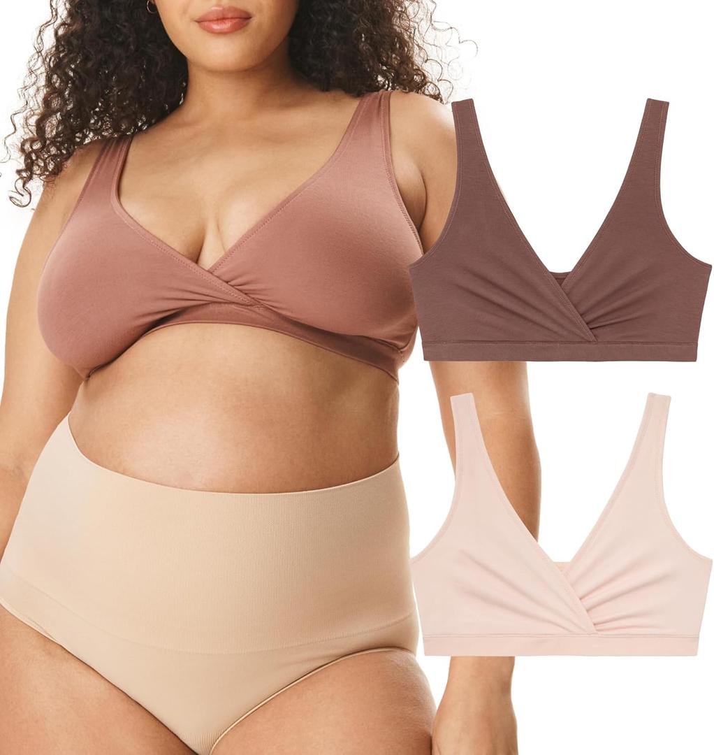 Motherhood Maternity Women's Soft Cotton Spandex Wrap Front Maternity & Nursing Sleep Bralette Bra S-3x (Large, Porcelain Pink/Nutmeg 2 Pack)