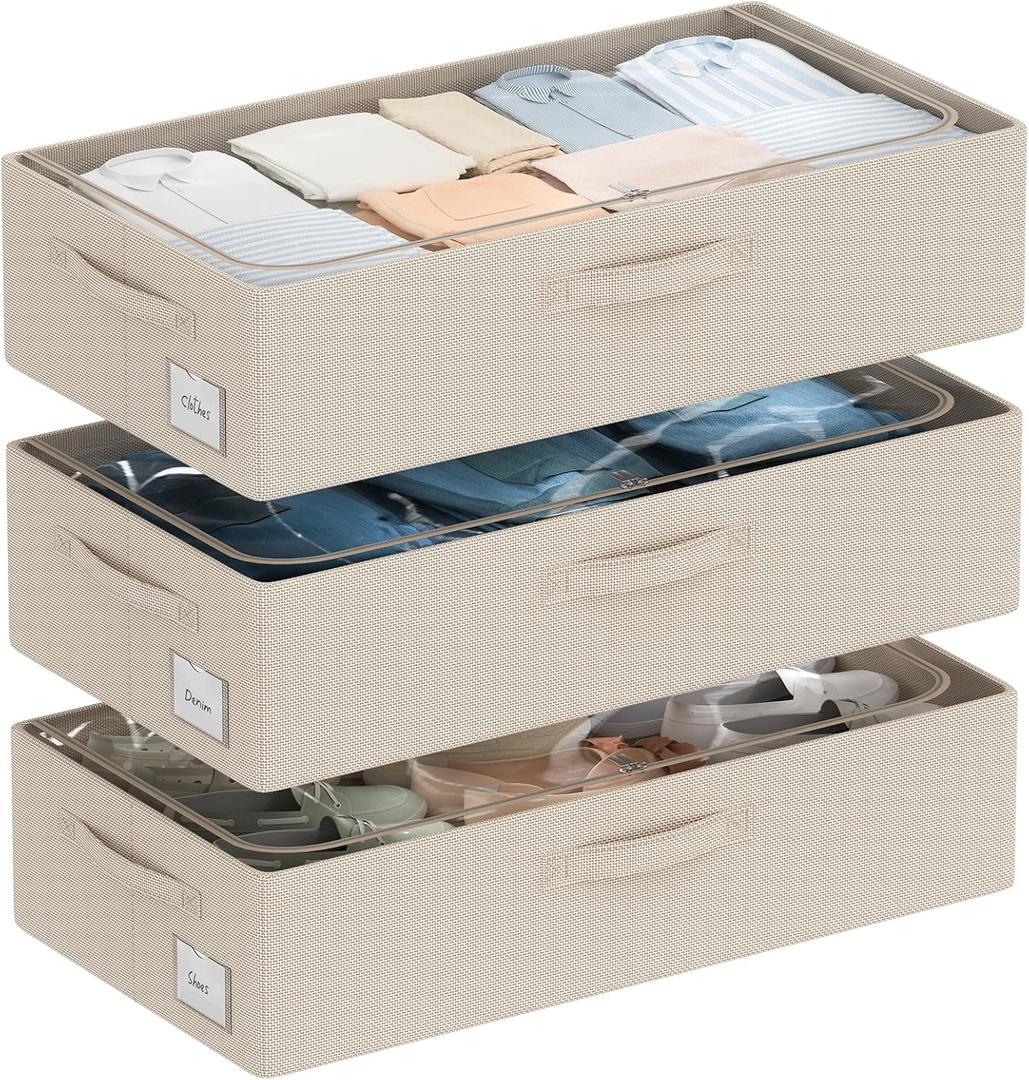 3Pcs Under Bed Storage Bins with Metal Frame - Shoe Organizer for Closet with Clear Cover Oxford Fabric Sturdy Underbed Container Foldable Stackable Clothes Organizer (Beige, 23.5x11.8x6.3)