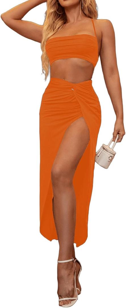 XinFSh Women's Two Piece Skirt Sets Summer Beach Vacation Outfits Sexy Asymmetrical High Slit Night Out Dress Set (Orange, L)