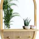 Entryway Mirror with Hooks, 30x18 Inch Boho Wall Mirror with Removable Shelf, Oval Solid Wood Framed, Handmade Rattan Wall Mirror for Over Sink, Bathroom, Bedroom, Living Room, Hallway, Vanity