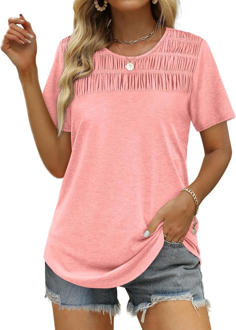 OFEEFAN Women's Summer Tops 2025 Trendy Short Sleeve Shirts Smocked Crewneck Tee (XX-Large, Coral)
