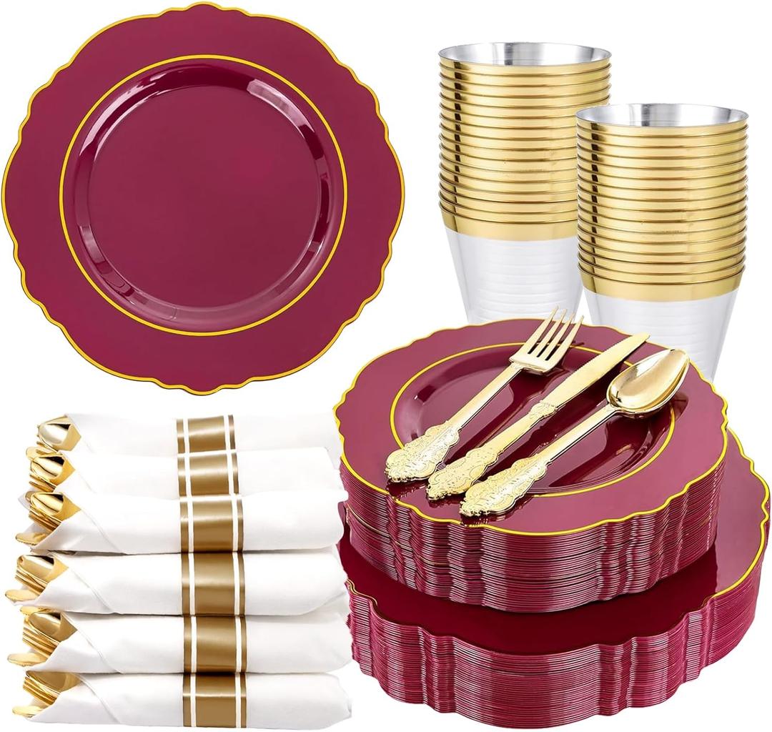 Liacere 175PCS Red Plastic Plates - Disposable Burgundy Red and Gold - 25 Guest Baroque Plastic Dinnerware Include 50Plates, 25Pack Pre Rolled Napkins with Silverware 25 Cups for Christmas