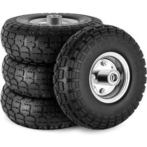 4 Pcs 4.10/3.50-4" Tire and Wheel Flat Free, 10 Inch Solid Rubber Tires with 5/8" Axle Bore Hole, 2.2" Offset Hub for Hand Truck, Wheelbarrow, Gorilla Cart, Garden Wagon Cart, Dolly, Utility Cart