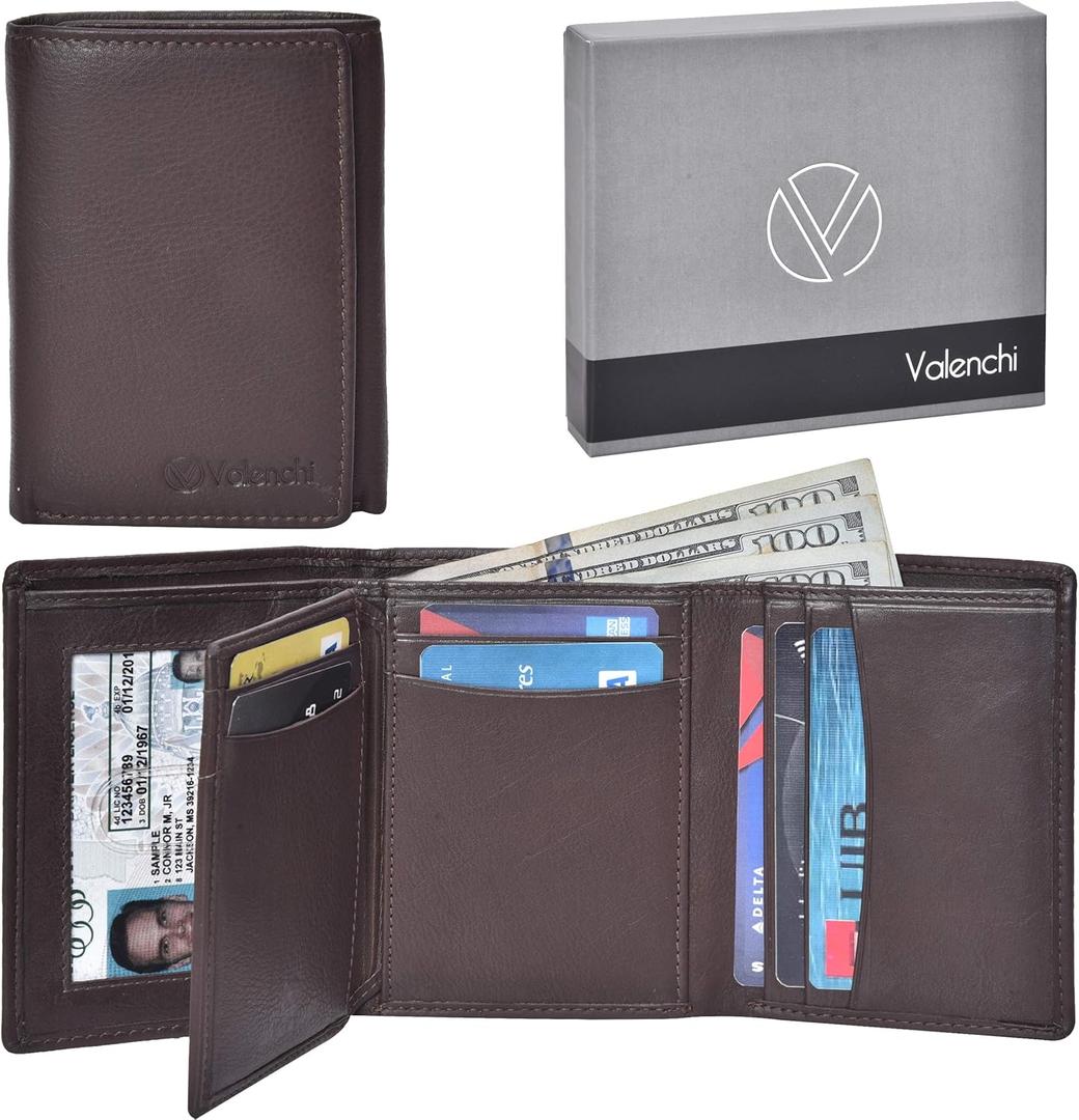 VALENCHI RFID Leather Slim Trifold Front Pocket Mens Wallet with 9 card slots,2 Note pocket coin pocket & ID window