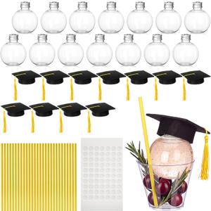 LemonRoad 30 Sets Class of 2026 Graduation Party Favors, 150ml Clear Plastic Fillable Drink Ball Cups with Mini Grad Caps, Straws and Adhesive Dots(Yellow)