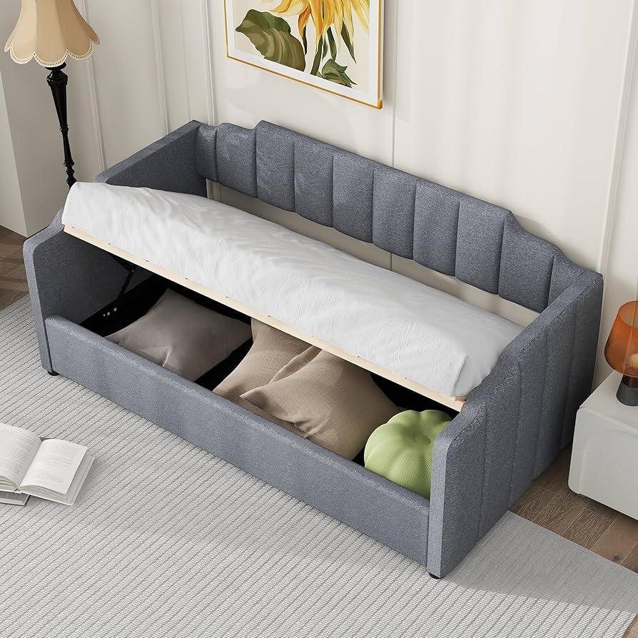 Merax Full Size Upholstered Daybed, Sofa Bed Frame with Underneath Storage, Space-Saving Corner Day Bed for Living Room Bedroom & Guest Room, No Box Spring Needed, Grey