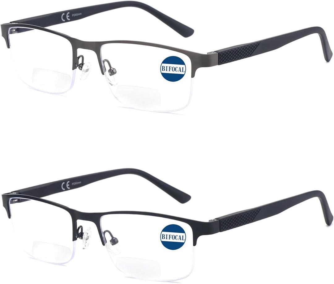 Missfive 2 Pack Mens Bifocal Reading Glasses, Blue Light Blocking Far Near Dual-use Readers, Durable Spring Hinge Quality Metal Frame Eyeglasses 1.5x, Black & Gunmetal