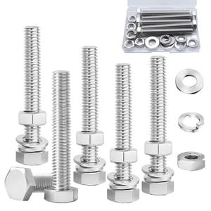 5 Sets 5/16-18 x 3" Stainless Steel Hex Head Screws Bolts, Nuts, Flat & Lock Washers,18-8(304) Full Thread (Silver)