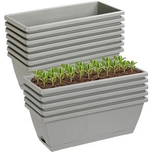 Lysjtsr 12Pcs 17Inches Rectangle Planter Box with Drainage Holes and Trays Plastic Planters Flower Boxes Pots for Indoor Outdoor Plants Patio Garden Home Decor Porch Yard (Gray)
