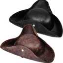 Ramede 2 Pcs Halloween Tricorn Pirate Hat Faux Leather Colonial Hat Distressed Style for Masquerade Cosplay Costume (One Size Fits Most, Brown, Black)