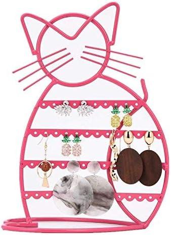 Urban Deco Cat Shaped Jewelry Organizer Stand - Earring Holder With 48 Stud Holes, Metal Display Vanity Organizer for Girls - Pink
