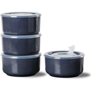 Ceramic Bowls with Lids: 20 oz Microwave Safe Food Storage Containers for Soup, Salad, Cereal, Leftovers, Meal Prep, Lunch, Picnic, Camping, Serving - Airtight, Navy, Set of 4 (Navy-4pcs)