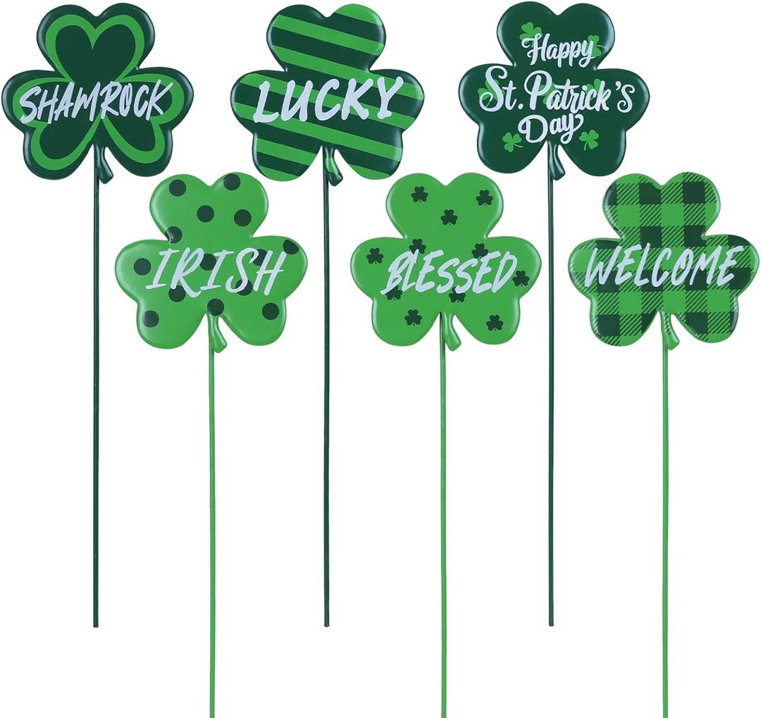 YEAHOME St Patricks Day Decorations Outdoor, Set of 6 Metal Shamrock Decorative Garden Stakes for St Patricks Day Decor, Lucky Saint Patricks Yard Signs for Garden Lawn Porch Pot Flowerbed (Green)