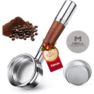 58mm Bottomless Portafilter with Double Shot Filter Basket & Premium Walnutwood Handle, Portafilter Compatible with All Breville 58mm Machines, Espresso Accessories(Puck Screen) (58mm Fits Breville/2 Ears)