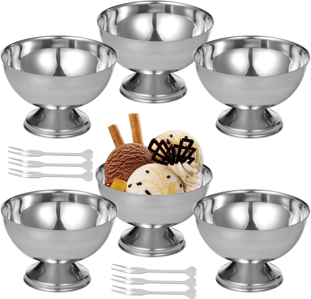 Stainless Steel Ice Cream Cup, 200ml Stainless Steel Ice Cream Bowl with Forks, 6 Pcs Silver Ice Cream Bowls, Silver Coupe Glasses for Sundae Fruit Ice Cream Pudding Sauce, Dishwasher Safety