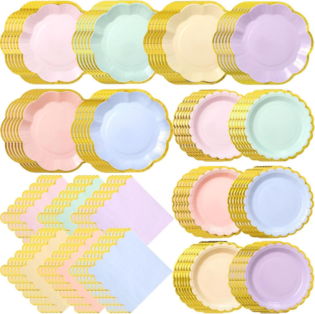 72 Pcs 24 Guests Pastel Plates and Napkins Party Supplies Pastel Scalloped Paper Plates Napkins Rainbow Disposable Tableware for Birthday Baby Shower Wedding Decorations, ONE SIZE