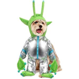 Green Alien Costume for Small Dog, Medium Dog Halloween Astronaut Outfits Alien Pet Costume Cute Hooded with Reflective Outfits for Puppy Kitten Halloween Cosplay Party(L)