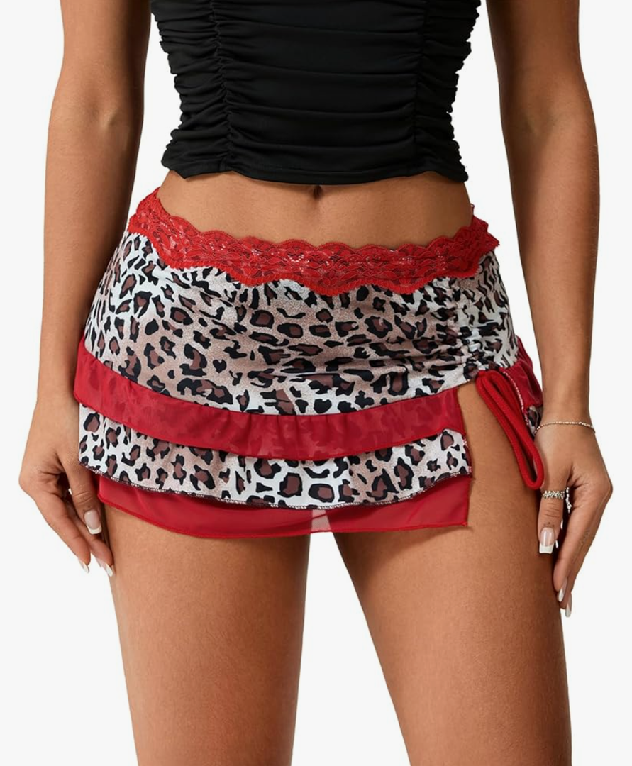 Women Y2K Ruffle Mini Skirt Sexy Low Waist Leopard Print Short Skirt 90s Vintage Lace Trim Layered Mesh Micro Skirt, Size S
