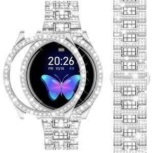 Dsytom Bands Compatible with Samsung Galaxy Watch FE 2024 40mm/ Galaxy Watch 5/4 40mm 44mm, 20mm Bling Metal Replacement Galaxy Watch FE/5/4 Band 40mm 44mm with Rhinestone Protective Case for Women (Silver)