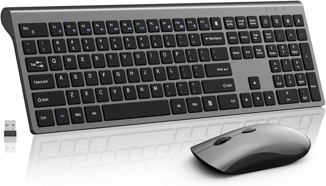 Wireless Mouse and Keyboard Combo, Silent Full-Size Computer Keyboard with Calculator Button, 2400 DPI Mouse, Quiet Click, Slim Cordless USB Set for Laptop PC Windows Mac - Space Grey (KM426-Gray)