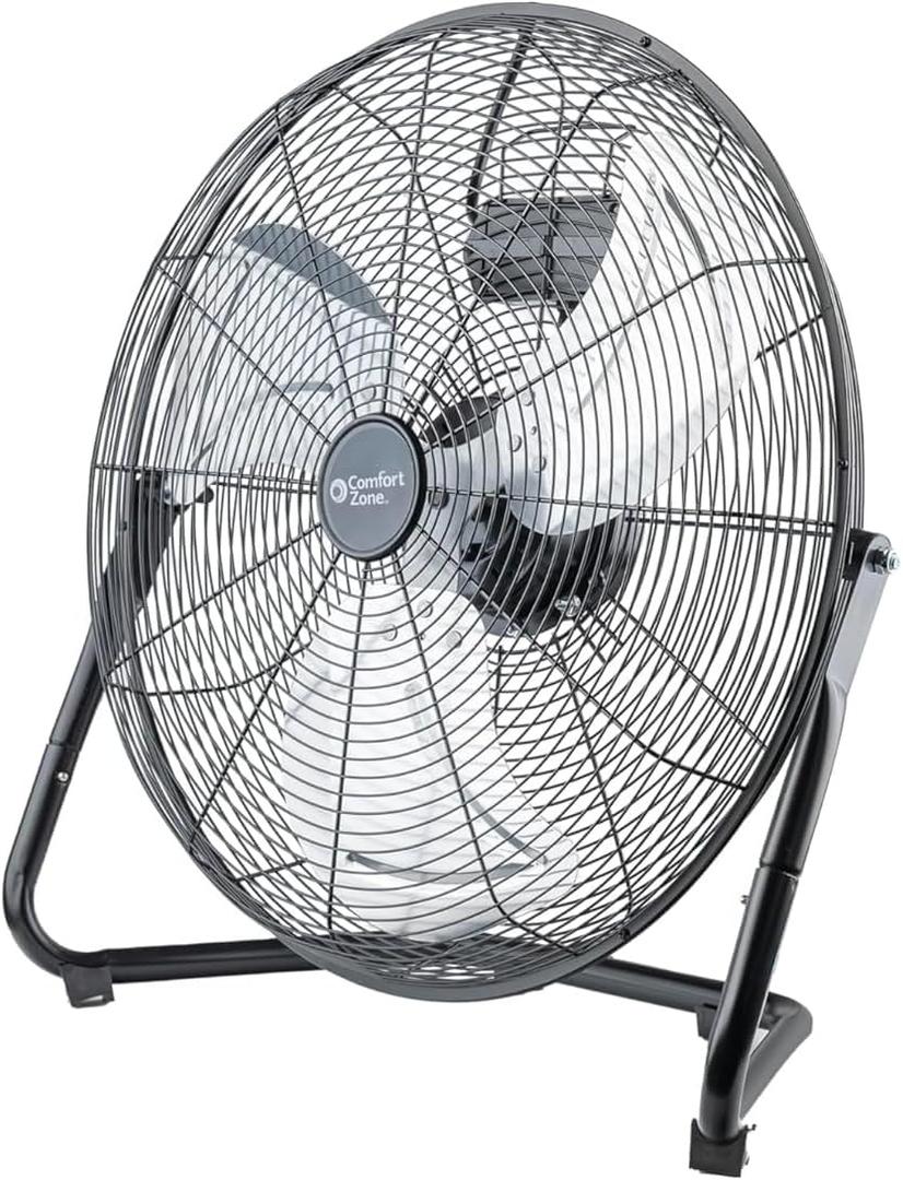 Comfort Zone 20-Inch High-Velocity Industrial Floor Fan, Heavy-Duty Metal Construction with Aluminum Blades, 3 Speeds, Carry Handle & Rubber Feet  Powerful Garage, Workshop, or Industrial Fan