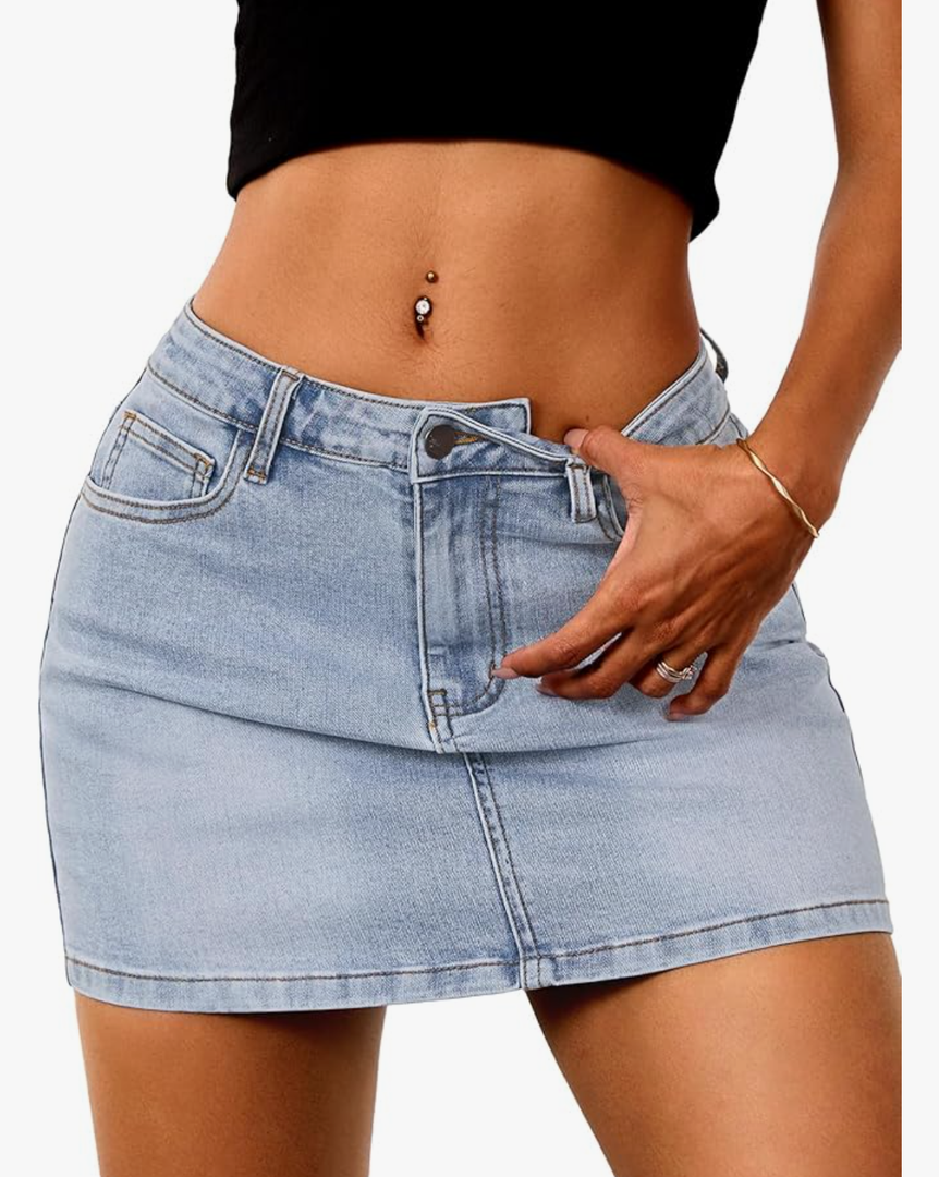 ELLEVEN Stretchy Mini Jean Skirt for Women,Low Waist Denim Skirts with Pockets L