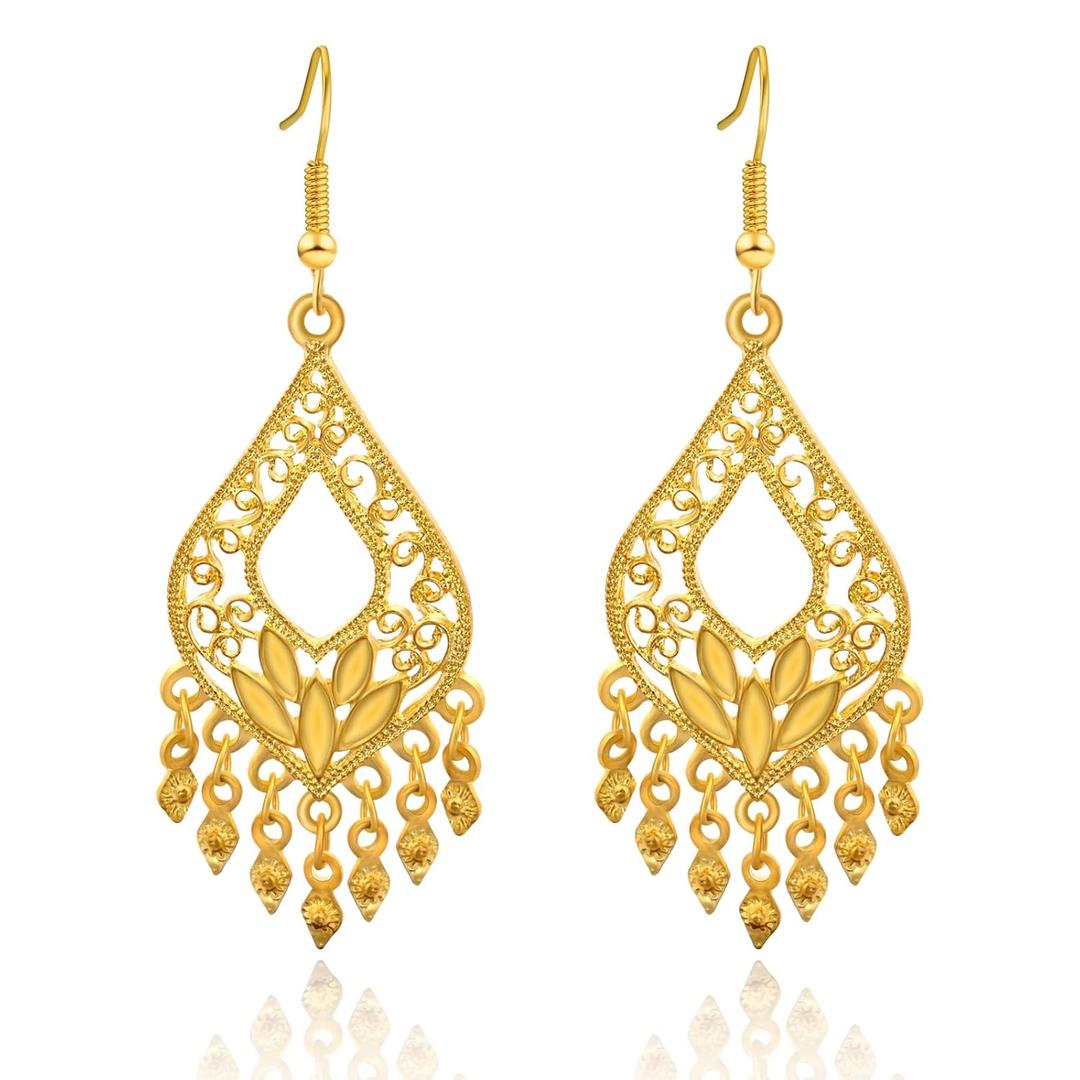 Gold Filigree Earrings-14K Gold Plated Dangle Earrings for Women Boho Earrings Indian Jewelry Long Chandelier Earrings for Women Big Gold Indian Earrings for Women Trendy