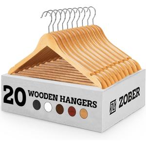 Wooden Hangers - 20 Pack, Heavy Duty, Non Slip Wood Hangers for Coats, Jackets, Suits, & Pants - Clothes Hangers for Closet W/Bar and Notches (Natural)