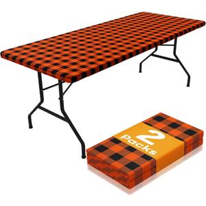 Smiry Picnic Table Cloth 2 Pack, Waterproof Elastic Fitted Tablecloths for 6FT Rectangle Tables, Washable Polyester Buffalo Plaid Tablecloth for Camping, Dining & Outdoor (Black & Orange, 30" x 72")