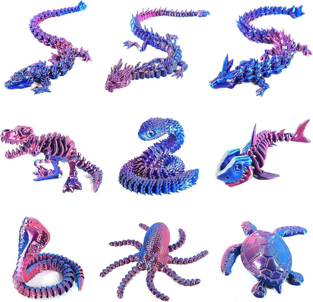 9PCS 3D Printed Dragon 3D Printed Animals Include 3D Printed Snake, Dinosaur, Octopus, Sharks, Turtle, Cobra and 3 Style Dragons, 3D Printed Toys Stuff for Home, Office, Decor Christmas Birthday Gift