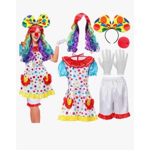 6 Pcs Clown Costume Set Women Circus Dress Rainbow Clown Wig Headband Nose Shorts Gloves for Halloween cosplay Medium