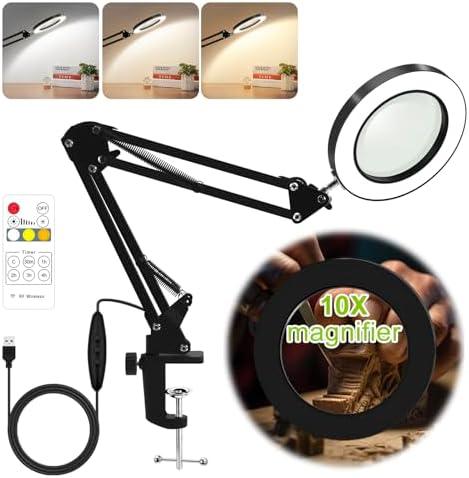 10X Magnifying Glass with Light and Stand: Remote Control Desk Magnifying Glass with Light- Stepless Dimming Craft Magnifying Lamp Hands Free for Engraving, Reading, Handicrafts, Sewing and Close Work