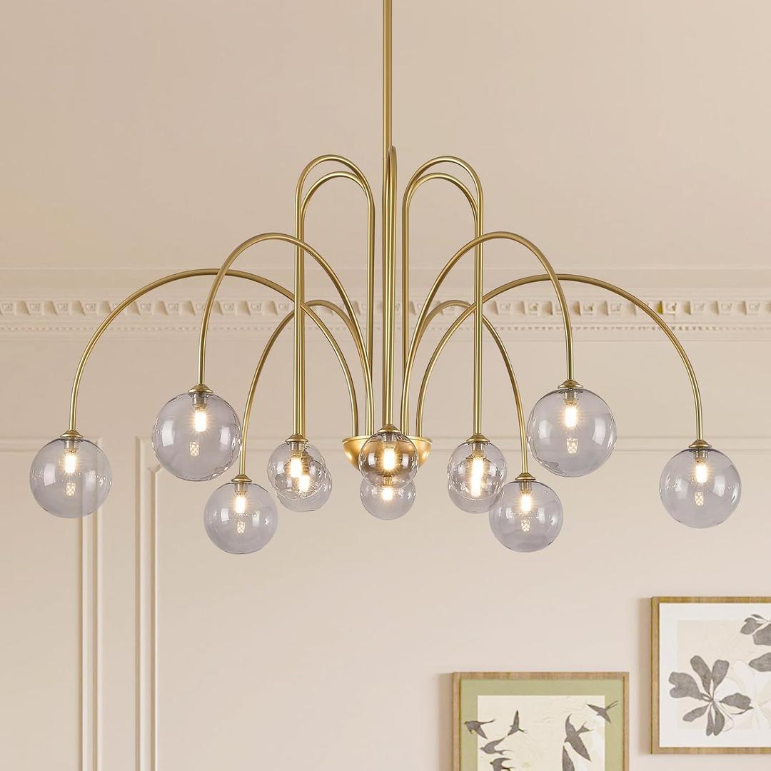 CATINER Gold Chandeliers 12 Lights Modern Sputnik Chandelier Large L52Mid Century Ceiling Pendant Light Fixtures with Smoke Glass Globe Shades for High Ceiling Living Dining Room Foyer Staircase