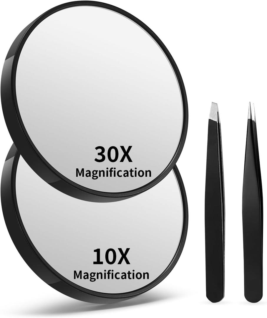 10X&30X Magnifying Mirrors with Suction Cups and 2 Tweezers Set3.5 inches Magnified Makeup Mirror, Black, 2PCS